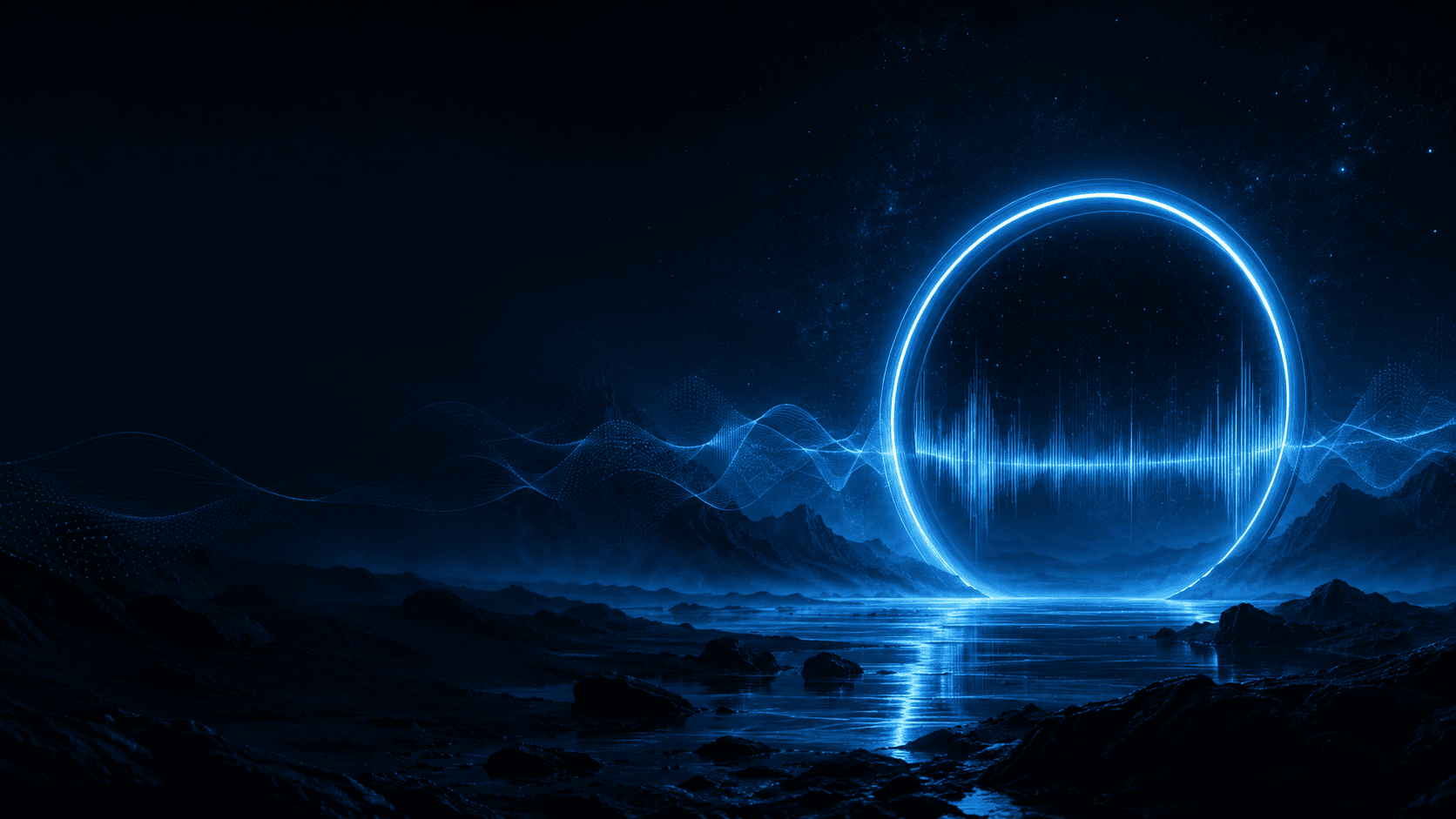 Electric blue audio portal and waveform reflected across a dark landscape